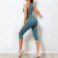 Summer Yoga Capri Set Casual Crop Top Leggings Set Running Women Trendy Outfit Nylon Spandex Sportswear